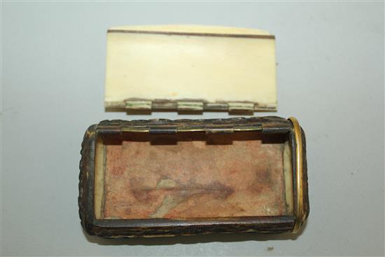 A late 19th century Continental stag horn and ivory snuff box, 4in.